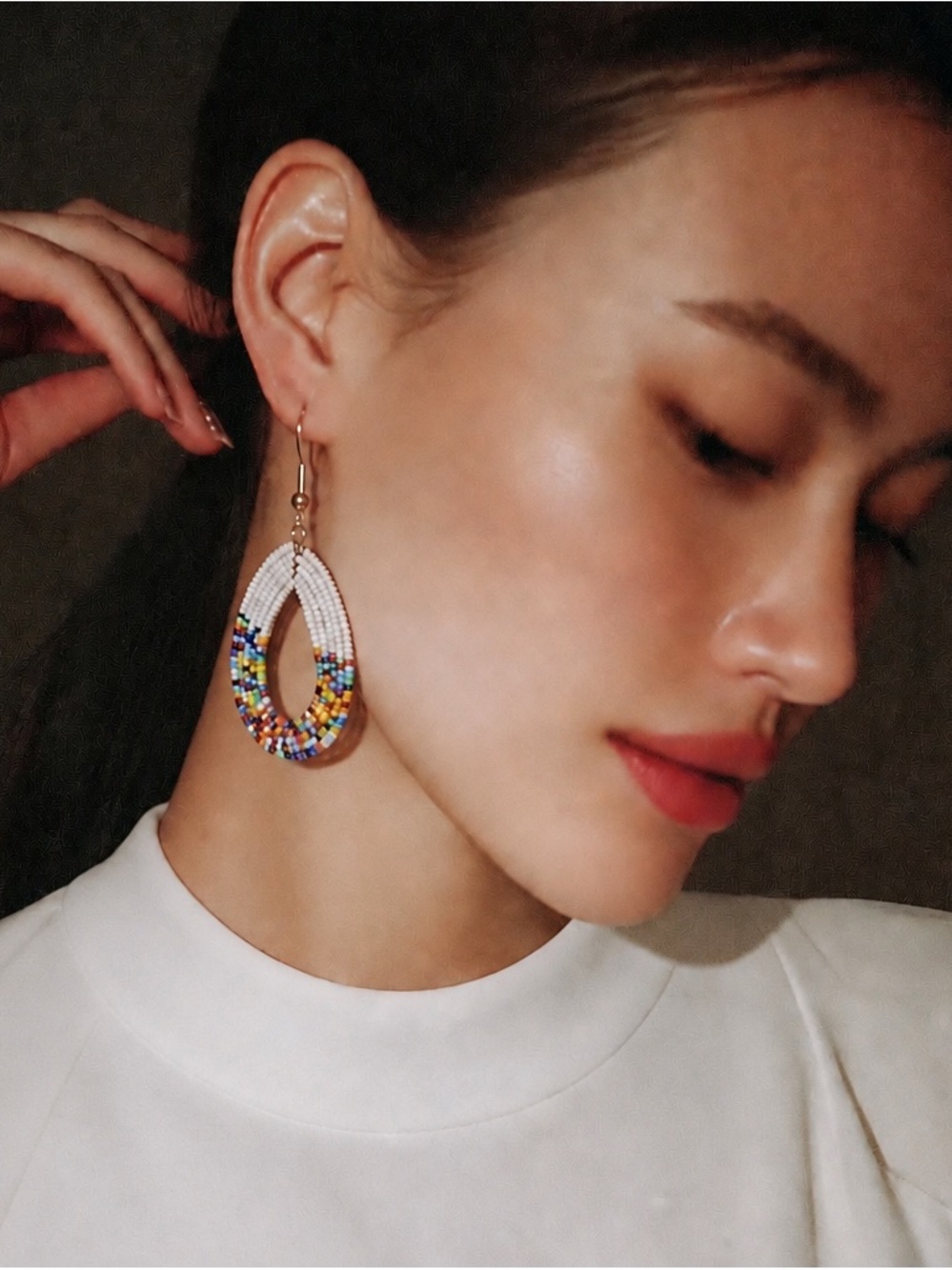 Handcrafted White & Multicolor Beaded Hoop Earrings | Boho Dangle Earrings